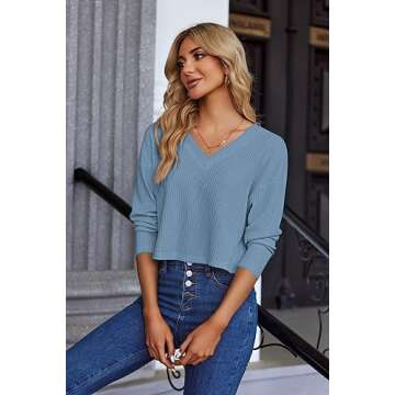 Zeagoo Women Crop Tops Waffle Knit Tops Long Sleeve Shirts 2023 Fall Sweaters Cute Tops Light Blue