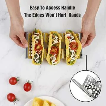 4 Pack Stainless Steel Taco Holders, Premium Taco Stands, Holds 2 Or 3 Tacos Each Taco Tray, Taco Rack With Easy-Access Handle, Food Grade Taco Plate Shells Oven & Grill Safe, BPA Free(Hollow)