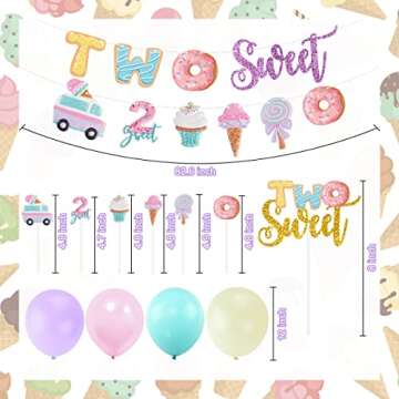 Two Sweet Ice Cream Birthday Party Decorations, Two Sweet Party Banner Cake Cupcake Toppers Macaron ...