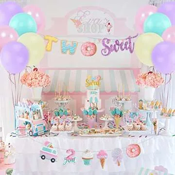 Two Sweet Ice Cream Birthday Party Decorations, Two Sweet Party Banner Cake Cupcake Toppers Macaron Balloons for Kid Ice Cream/Donut Theme Second Birthday Party Girls Ice Cream 2nd Bday Party Supplies