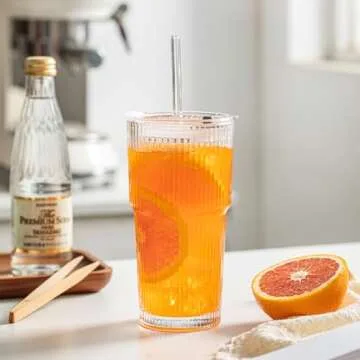 INSETLAN 20 oz Ribbed Glass Tumblers with Lids and Glass Straws – 2-Piece Glassware Set, Thickened Glass, Ideal for Iced Coffee, Smoothies, Cocktails, and Juices – Elegant and Durable Drinkware