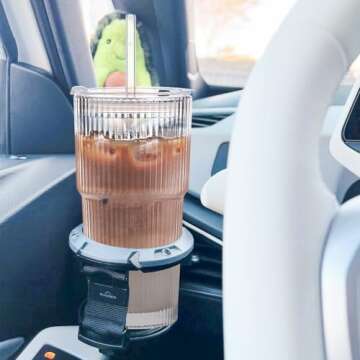 INSETLAN 20 oz Ribbed Glass Tumblers with Lids and Glass Straws – 2-Piece Glassware Set, Thickened Glass, Ideal for Iced Coffee, Smoothies, Cocktails, and Juices – Elegant and Durable Drinkware