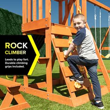Sportspower Scottsdale Wood Swing Set: 2 Adjustable Swings, Sandbox, Rock Climber, Covered Deck, 1 Slide - Exceeds ASTM Safety Standards