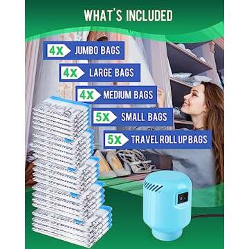 Vacuum Storage Bags with Electric Pump, 22 Pack (4 Jumbo, 4 Large, 4 Medium, 5 Small, 5 Roll Up Bags...