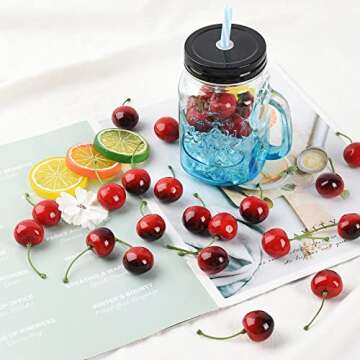 LUEYAO Artificial Cherry Fruit Fake Cherries Red Simulation Red Black Cherries Artificial Cherry Decorations Fake Fruit Model Home House Kitchen Party Decoration 100 PCS