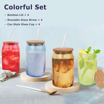 Lily's Home Glass Tumbler Set with Bamboo Lids and Straws - 4 Pack Multi-Color Glass Cups Drinking G...