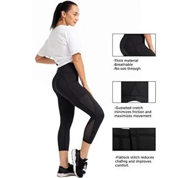 UURUN High Waisted Leggings for Women, Capri Yoga Pants with Pockets, Tummy Control, Squat Proof, for Workout, Running, Black, L