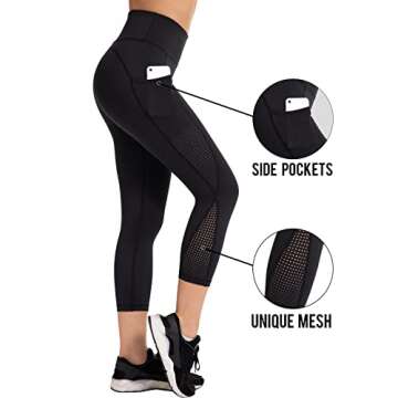UURUN High Waisted Leggings for Women, Capri Yoga Pants with Pockets, Tummy Control, Squat Proof, for Workout, Running, Black, L