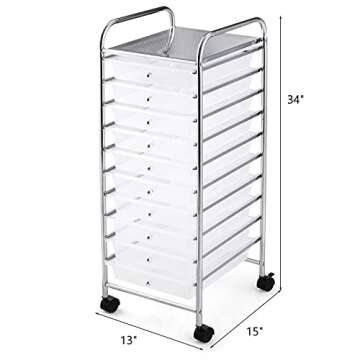 HOMGX 10 Drawer Storage Organizer Cart, 10 Tiers Multicolor Storage Trolley, Storage Drawer Bin Carts, File & Debris Storage Mobile Cart, Rolling Organizer Cart for Office/School/Home