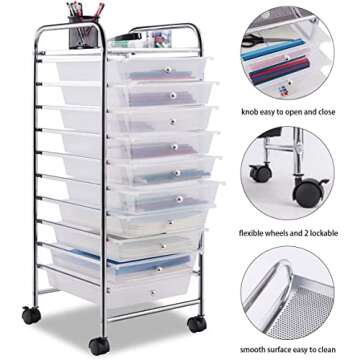 HOMGX 10 Drawer Storage Organizer Cart, 10 Tiers Multicolor Storage Trolley, Storage Drawer Bin Carts, File & Debris Storage Mobile Cart, Rolling Organizer Cart for Office/School/Home