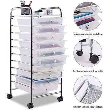 HOMGX 10 Drawer Storage Organizer Cart, 10 Tiers Multicolor Storage Trolley, Storage Drawer Bin Carts, File & Debris Storage Mobile Cart, Rolling Organizer Cart for Office/School/Home
