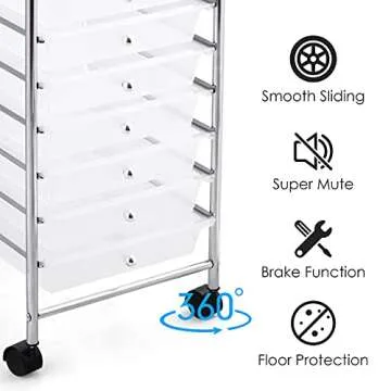 HOMGX 10 Drawer Storage Organizer Cart, 10 Tiers Multicolor Storage Trolley, Storage Drawer Bin Carts, File & Debris Storage Mobile Cart, Rolling Organizer Cart for Office/School/Home