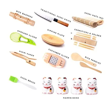 Alas Complete 20 Piece Sushi Making Set - Kit for Beginners & Pros with Knife, 2 Mats, Rice Bazooka and Dipping Plate