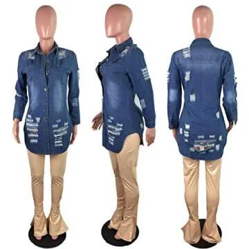 Hotheart Women's Long Sleeve Lapel Button Ripped Distressed Holes Bodycon Sexy Nightclub Party Denim Dress (Large, AO-Blue)