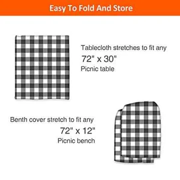 KENOBEE 6ft Picnic Table and Bench Cover, Camping Essentials RV Gear, 72in Waterproof Windproof Outdoor Elastic All Around Tablecloth, Fitted Rectangle Tables and Seats, Black-White Checkered