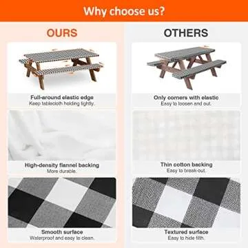 KENOBEE 6ft Picnic Table and Bench Cover, Camping Essentials RV Gear, 72in Waterproof Windproof Outdoor Elastic All Around Tablecloth, Fitted Rectangle Tables and Seats, Black-White Checkered