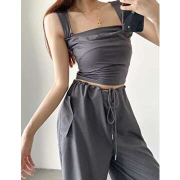 Meladyan Women Sexy Pleated Ruched Crop Tank Top Blue Square Neck Strappy Sleeve Cropped Vest Cami S...