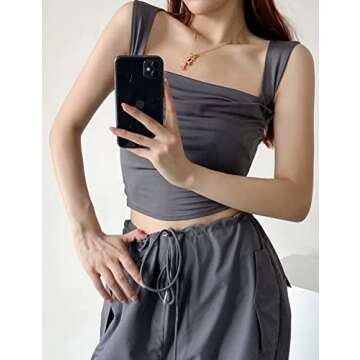 Meladyan Women Sexy Pleated Ruched Crop Tank Top Blue Square Neck Strappy Sleeve Cropped Vest Cami Shirt Clubwear Dark Grey