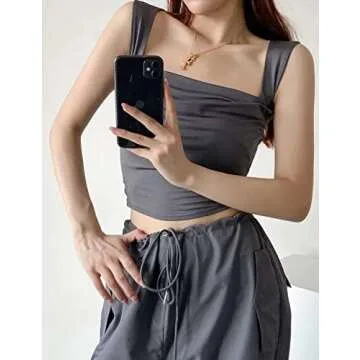 Meladyan Women Sexy Pleated Ruched Crop Tank Top Blue Square Neck Strappy Sleeve Cropped Vest Cami Shirt Clubwear Dark Grey