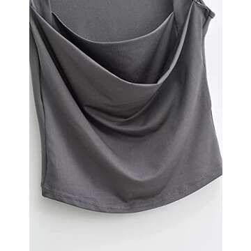 Meladyan Women Sexy Pleated Ruched Crop Tank Top Blue Square Neck Strappy Sleeve Cropped Vest Cami Shirt Clubwear Dark Grey