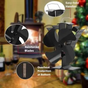 VODA Wood Stove Fan Small New Designed 4 Blades Heat Powered Fireplace Fan for Home Wood/Log Burner/Fireplace(Black)