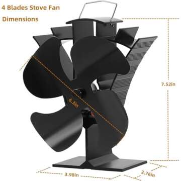 VODA Wood Stove Fan Small New Designed 4 Blades Heat Powered Fireplace Fan for Home Wood/Log Burner/Fireplace(Black)