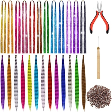 1440 Strands Hair Tinsel Kit with Tools Glitter Hair Extension Tinsel 26 Pieces 13 Colors Feather Ha...