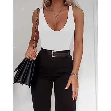 SAUNGKUAI Women’s Bodysuit Sexy Plunge Deep V Neck Backless Sleeveless Tank Thong Body Suits Outfits for Going Out White M