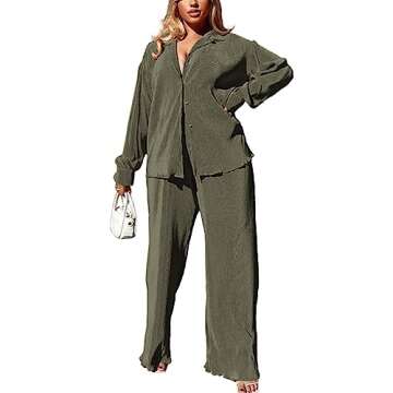 kaimimei Casual 2 Piece Outfit for Women - Linen Long Sleeve Button Down Shirt + Flare Pleated Wide Leg Pants Sets Streetwear