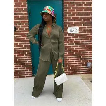 kaimimei Casual 2 Piece Outfit for Women - Linen Long Sleeve Button Down Shirt + Flare Pleated Wide Leg Pants Sets Streetwear