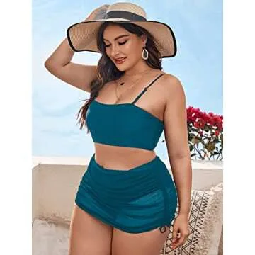 OYOANGLE Women's Plus Size 3 Piece Swimsuit High Waist Bikini Set Bathing Suit with Cover Up Skirt Dusty Blue 0XL