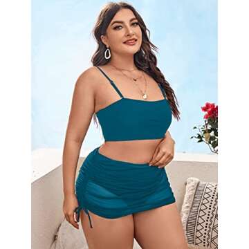 OYOANGLE Women's Plus Size 3 Piece Swimsuit High Waist Bikini Set Bathing Suit with Cover Up Skirt Dusty Blue 0XL