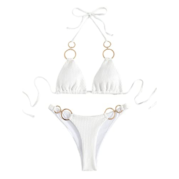 Stylish WDIRARA Women's Ring Halter Bikini Swimwear