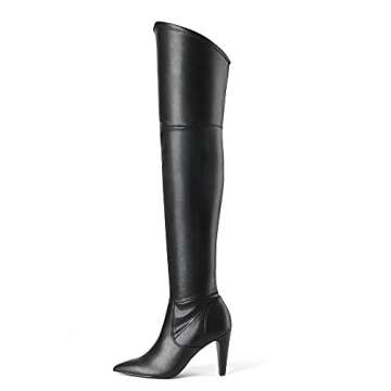 DREAM PAIRS Women's Thigh High Boots Over The Knee Heels Long Sexy Pointed Toe Boots,Size 7,Black/pu,DOB214