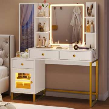 HAUOMS Makeup Vanity with Jewelry Cabinet & LED Lighted Mirror, Modern Vanity Desk with Charging Station, Double Mirror Vanity Table Set, White & Gold