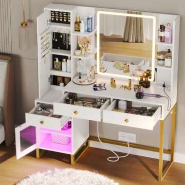 HAUOMS Makeup Vanity with Jewelry Cabinet & LED Lighted Mirror, Modern Vanity Desk with Charging Station, Double Mirror Vanity Table Set, White & Gold