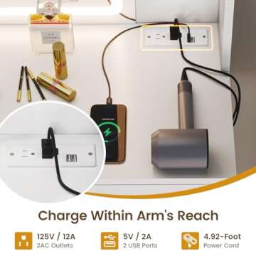 HAUOMS Makeup Vanity with Jewelry Cabinet & LED Lighted Mirror, Modern Vanity Desk with Charging Station, Double Mirror Vanity Table Set, White & Gold