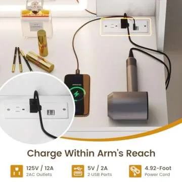 HAUOMS Makeup Vanity with Jewelry Cabinet & LED Lighted Mirror, Modern Vanity Desk with Charging Station, Double Mirror Vanity Table Set, White & Gold