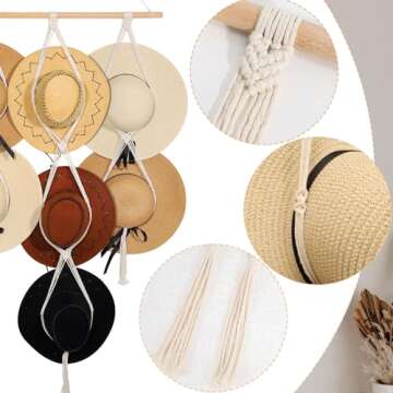 ZYP 7 Hats Style Macrame Hat Hangers Hat Rack for Wall,Women Decor Hat Holder,Bobo Hanging Hat Organizer Storage,Hat Display for Wide Brim Hats Cowboy Hat Bowler Fedora Hats Beach Sun Hat