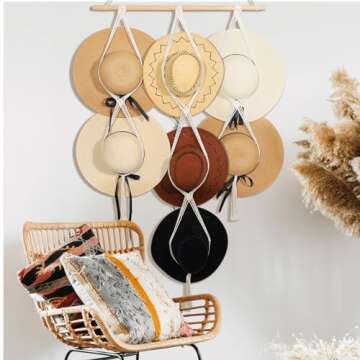 ZYP 7 Hats Style Macrame Hat Hangers Hat Rack for Wall,Women Decor Hat Holder,Bobo Hanging Hat Organizer Storage,Hat Display for Wide Brim Hats Cowboy Hat Bowler Fedora Hats Beach Sun Hat