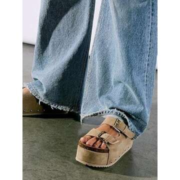 JORISTIMO Women's Cork Flatform Sandals Dual Buckled Band Suede Clogs Platform Slip On Sandals Beach Sandals High Heel Platform Sanals Tan 8