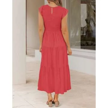 ZESICA Women's 2025 Summer Casual Flutter Short Sleeve Crew Neck Smocked Elastic Waist Tiered Midi Dress,Watermelonred,Small