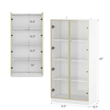 FAMAPY Display Cabinet with Glass Doors and Lights, Glass Display Cabinet with 4-Tier Storage Shelve...