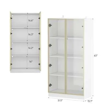 FAMAPY Display Cabinet with Glass Doors and Lights, Glass Display Cabinet with 4-Tier Storage Shelve...