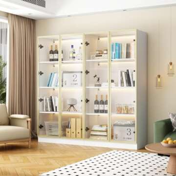 FAMAPY Display Cabinet with Glass Doors and Lights, Glass Display Cabinet with 4-Tier Storage Shelves, Pop-up Design, Trophy Case White and Champagne Gold (31.5”W x 15.7”D x 63”H)