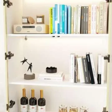 FAMAPY Display Cabinet with Glass Doors and Lights, Glass Display Cabinet with 4-Tier Storage Shelves, Pop-up Design, Trophy Case White and Champagne Gold (31.5”W x 15.7”D x 63”H)