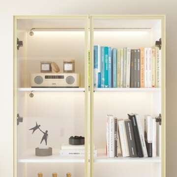 FAMAPY Display Cabinet with Glass Doors and Lights, Glass Display Cabinet with 4-Tier Storage Shelves, Pop-up Design, Trophy Case White and Champagne Gold (31.5”W x 15.7”D x 63”H)
