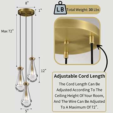 Joyunleo Brass 3 Light Pendant Lighting: Hand-Blown Raindrop Design