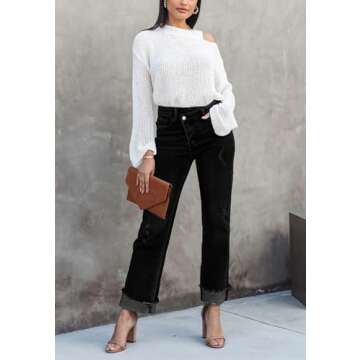 AIIYYQB Womens Distressed Straight Leg Crossover Boyfriend Jeans Stretchy High Rise Tummy Control Je...