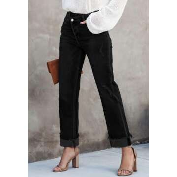 AIIYYQB Womens Distressed Straight Leg Crossover Boyfriend Jeans Stretchy High Rise Tummy Control Jeans